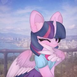 Size: 2664x2664 | Tagged: safe, artist:sodapop sprays, imported from derpibooru, twilight sparkle, alicorn, pony, blushing, clothes, diamond head, equestria girls outfit, eye clipping through hair, hawaii, looking at you, one eye closed, outdoors, peace sign, smiling, smiling at you, solo, twilight sparkle (alicorn), waikiki, wing hands, wings, wink, winking at you