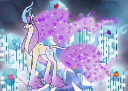 Size: 1414x1000 | Tagged: safe, artist:zetikoopa, imported from derpibooru, tree of harmony, unicorn, crystal horn, ethereal mane, ethereal tail, female, flower, flower in hair, horn, mare, tail