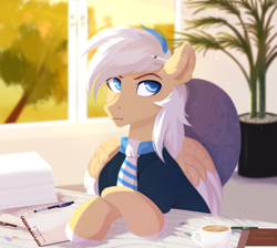 Size: 2229x2000 | Tagged: safe, artist:vitani, imported from derpibooru, oc, oc only, pegasus, pony, clothes, coffee, indoors, necktie, office, pencil, pencil behind ear, shirt, sitting, solo