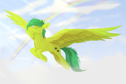 Size: 3000x2000 | Tagged: safe, artist:vitani, imported from derpibooru, oc, oc only, pegasus, pony, eyes closed, flying, male, outdoors, rain, rainbow, solo, spread wings, stallion, wings