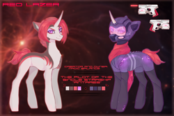 Size: 3000x2000 | Tagged: safe, artist:vitani, imported from derpibooru, oc, oc only, pony, unicorn, clothes, curved horn, gun, handgun, helmet, horn, jumpsuit, pistol, reference sheet, science fiction, solo, weapon