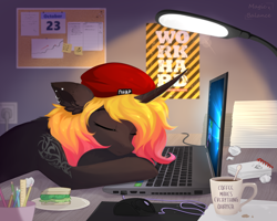 Size: 1972x1575 | Tagged: safe, artist:vitani, imported from derpibooru, oc, oc only, pony, unicorn, beanie, coffee, coffee mug, computer, computer mouse, curved horn, ear piercing, earring, food, hat, horn, indoors, jewelry, lamp, laptop computer, mug, piercing, sandwich, sleeping, solo