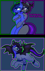 Size: 2904x4576 | Tagged: safe, artist:askhypnoswirl, imported from derpibooru, oc, oc only, oc:guard cobalt flash, oc:meer, bat pony, demon, demon pony, original species, bat pony oc, bat wings, commission, duo, eyeshadow, fusion, horns, lidded eyes, makeup, wings, ych result