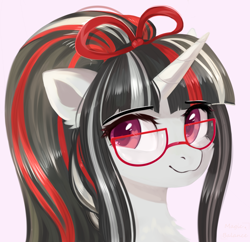 Size: 1750x1692 | Tagged: safe, artist:vitani, imported from derpibooru, oc, oc only, pony, unicorn, bow, bust, eyebrows, eyebrows visible through hair, female, glasses, hair bow, horn, mare, portrait, simple background, solo