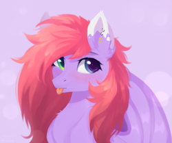 Size: 2397x2000 | Tagged: safe, artist:vitani, imported from derpibooru, oc, oc only, bat pony, pony, blushing, ear piercing, earring, female, jewelry, mare, piercing, solo, tongue out