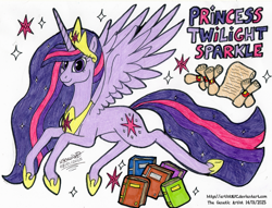 Size: 4313x3291 | Tagged: safe, artist:artistnjc, imported from derpibooru, twilight sparkle, alicorn, pony, the last problem, book, character name, crown, cutie mark, ethereal mane, ethereal tail, hoof shoes, jewelry, older, older twilight, older twilight sparkle (alicorn), peytral, princess shoes, princess twilight 2.0, regalia, scroll, signature, smiling, solo, spread wings, stars, tail, traditional art, twilight sparkle (alicorn), wings