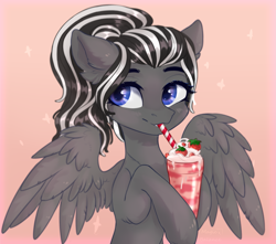 Size: 2259x2000 | Tagged: safe, artist:vitani, imported from derpibooru, oc, oc only, pegasus, pony, drink, drinking, drinking straw, food, milkshake, solo, spread wings, strawberry, wings