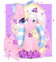 Size: 1772x1934 | Tagged: safe, artist:vitani, imported from derpibooru, oc, oc only, oc:bay breeze, pony, bow, chest fluff, clothes, cute, eye clipping through hair, eyebrows, eyebrows visible through hair, female, flower, flower in hair, hair bow, looking at you, mare, ocbetes, smiling, smiling at you, socks, solo, striped socks