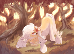 Size: 2697x1959 | Tagged: safe, artist:vitani, imported from derpibooru, oc, oc only, hybrid, original species, pony, rabbit, animal, ass up, bunny ears, cute, face down ass up, forest, nature, outdoors, rabbit pony, smiling, solo, stitched body, tree