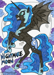 Size: 3282x4540 | Tagged: safe, artist:artistnjc, imported from derpibooru, nightmare moon, alicorn, pony, angry, antagonist, armor, bat wings, character name, cloud, ethereal mane, ethereal tail, moon, rearing, sharp teeth, signature, solo, spread wings, tail, teeth, traditional art, wings