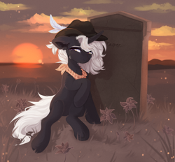 Size: 2154x2000 | Tagged: safe, artist:vitani, imported from derpibooru, oc, oc only, pony, unicorn, crying, female, grave, hat, horn, mare, neckerchief, outdoors, sitting, solo, sunset