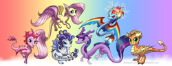 Size: 1800x688 | Tagged: safe, artist:champion-of-namira, applejack, fluttershy, pinkie pie, rainbow dash, rarity, twilight sparkle, dragon, eastern dragon, wyvern, abstract background, dragonified, fangs, mane six, signature, species swap