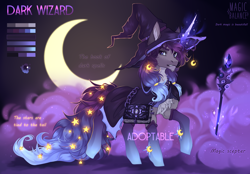 Size: 2864x1990 | Tagged: safe, artist:vitani, imported from derpibooru, oc, oc only, pony, unicorn, adoptable, book, cape, chest fluff, clothes, hat, horn, magic, magic staff, male, reference sheet, solo, spellbook, stallion, telekinesis, watermark, wizard, wizard hat