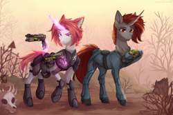 Size: 3000x2000 | Tagged: safe, artist:vitani, imported from derpibooru, oc, oc only, pony, unicorn, fallout equestria, armor, clothes, duo, eye clipping through hair, eyebrows, eyebrows visible through hair, female, gun, handgun, horn, jumpsuit, magic, mare, outdoors, pipbuck, pistol, skull, telekinesis, vault suit, weapon