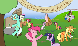 Size: 1240x740 | Tagged: safe, artist:erthilo, imported from derpibooru, apple bloom, applejack, bon bon, lyra heartstrings, pinkie pie, scootaloo, sweetie belle, sweetie drops, twilight sparkle, oc, oc:madmax, earth pony, pegasus, pony, unicorn, banner, horn, outdoors