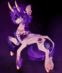 Size: 2492x2912 | Tagged: safe, artist:vitani, imported from derpibooru, oc, oc only, pony, abstract background, concave belly, ear piercing, earring, fetlock tuft, horns, jewelry, leonine tail, male, necklace, piercing, slender, solo, stallion, tail, thin