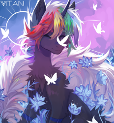 Size: 3265x3520 | Tagged: safe, artist:vitani, imported from derpibooru, oc, oc only, butterfly, pony, unicorn, butterfly on nose, eyebrows, eyebrows visible through hair, eyes closed, flower, horn, insect on nose, male, smiling, solo, stallion