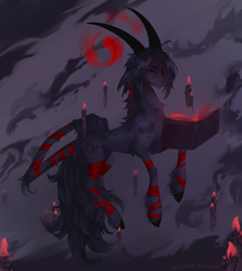 Size: 2820x3164 | Tagged: safe, artist:vitani, imported from derpibooru, oc, oc only, pony, abstract background, bandage, book, candle, chest fluff, cloven hooves, concave belly, horns, magic, male, slender, solo, spellbook, stallion, thin, unshorn fetlocks