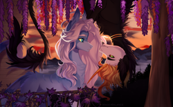Size: 3000x1859 | Tagged: safe, artist:vitanistarcat, imported from derpibooru, oc, oc only, earth pony, pony, unicorn, chest fluff, duo, ear fluff, ear piercing, earring, female, horn, jewelry, leonine tail, looking at each other, looking at someone, male, mare, oc x oc, outdoors, piercing, shipping, stallion, sunset, tail, upside down