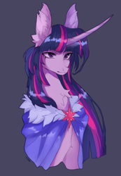 Size: 1224x1764 | Tagged: safe, artist:vitanistarcat, imported from derpibooru, twilight sparkle, pony, chest fluff, cloak, clothes, curved horn, female, gray background, horn, mare, simple background, solo