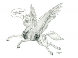 Size: 1400x1042 | Tagged: safe, artist:baron engel, imported from derpibooru, oc, oc only, oc:sky brush, pegasus, pony, bag, flying, grayscale, male, monochrome, pegasus oc, pencil drawing, saddle bag, simple background, solo, stallion, traditional art, white background, wings