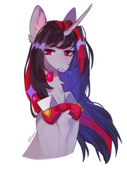 Size: 1040x1400 | Tagged: safe, artist:vitani, imported from derpibooru, oc, oc only, pony, unicorn, bowtie, bust, flower, flower in mouth, horn, mouth hold, shirtless shirt collar, simple background, solo, white background