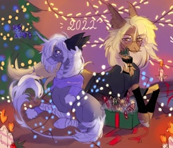 Size: 1854x1586 | Tagged: safe, artist:vitani, imported from derpibooru, oc, oc only, earth pony, pony, unicorn, arm warmers, bandage, christmas, christmas tree, clothes, collar, duo, female, glasses, holiday, horn, leonine tail, mare, mouth hold, scarf, tail, tree
