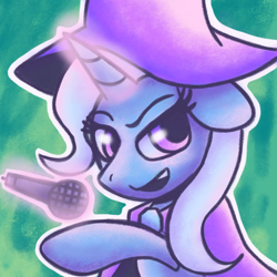 Size: 1000x1000 | Tagged: safe, artist:rosa ushiromiya, derpibooru exclusive, imported from derpibooru, trixie, pony, unicorn, cape, clothes, female, hat, horn, looking at you, mare, microphone, solo, trixie's cape, trixie's hat