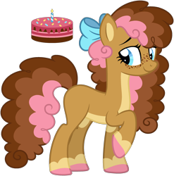 Size: 2478x2504 | Tagged: safe, artist:strawberry-spritz, imported from derpibooru, oc, oc only, oc:neapolitan cream cake, earth pony, pony, base used, blue bow, blue eyes, bow, brown coat, brown mane, brown tail, colored belly, colored fetlocks, colored hooves, commission, curly mane, curly tail, earth pony oc, eyelashes, female, female oc, freckles, hair accessory, hair bow, high res, hooves, lidded eyes, long mane, long tail, looking back, mane accessory, mare, mare oc, offspring, pale belly, parent:carrot cake, parent:cup cake, parents:carrot cup, pink hooves, raised hoof, show accurate, simple background, smiling, solo, standing, standing on three hooves, tail, three quarter view, three toned mane, three toned tail, transparent background