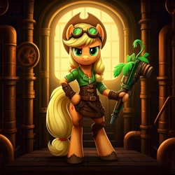 Size: 1024x1024 | Tagged: safe, generator:nightcafe ai, imported from twibooru, applejack, ai content, ai generated, generator:google imagen 3.0, gun, image, mage, needs more jpeg, plant, weapon