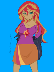 Size: 3072x4096 | Tagged: safe, artist:metaruscarlet, imported from derpibooru, sunset shimmer, human, equestria girls, blue background, clothes, cutie mark, cutie mark on clothes, jacket, leather, leather jacket, looking at you, shirt, simple background, skirt, solo