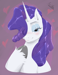 Size: 2400x3087 | Tagged: safe, artist:artpeluca, imported from derpibooru, rarity, pony, unicorn, bust, female, hair over one eye, heart, high res, hoof on chest, horn, looking at you, mare, portrait, seductive look, solo, unshorn fetlocks