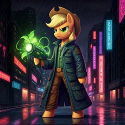 Size: 1024x1024 | Tagged: safe, generator:nightcafe ai, imported from twibooru, applejack, ai content, ai generated, generator:google imagen 3.0, gun, image, mage, needs more jpeg, plant, weapon