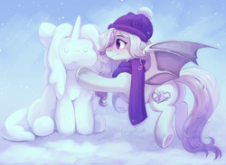 Size: 2058x1510 | Tagged: safe, artist:anku, imported from derpibooru, oc, oc only, bat pony, pony, bat wings, butt, clothes, gradient background, hat, hoof heart, plot, scarf, smiling, snow, snowman, solo, spread wings, underhoof, wings, winter, winter hat