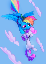 Size: 1742x2419 | Tagged: safe, artist:khvorost162, imported from derpibooru, rainbow dash, sweetie belle, earth pony, pegasus, pony, cloud, duo, duo female, female, flying, horn, open mouth, open smile, outdoors, sky, smiling, spread wings, wings