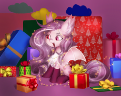 Size: 2932x2312 | Tagged: safe, artist:khvorost162, imported from derpibooru, oc, oc only, bat pony, pony, box, chest fluff, christmas, commission, fairy lights, happy new year, holiday, present, secret santa, solo, string lights