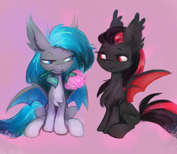 Size: 2114x1846 | Tagged: source needed, safe, artist:khvorost162, imported from derpibooru, oc, oc only, oc:vee, bat pony, duo, flower, oc name needed, oc x oc, pink background, red and black oc, shipping, simple background, sitting