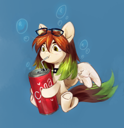 Size: 1864x1937 | Tagged: safe, artist:khvorost162, imported from derpibooru, oc, oc only, pegasus, blue background, bubble, collar, commission, drink, glasses, simple background, soda, solo