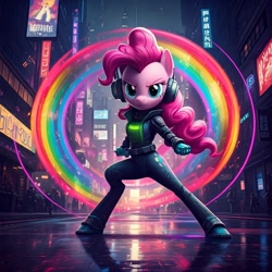 Size: 1024x1024 | Tagged: safe, generator:nightcafe ai, imported from twibooru, pinkie pie, ai content, ai generated, cyberpunk, generator:google imagen 3.0, image, music, needs more jpeg, ninja