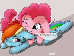 Size: 4000x3000 | Tagged: safe, artist:dbleki, imported from derpibooru, pinkie pie, rainbow dash, earth pony, pegasus, pony, cute, diapinkes, duo, female, floppy ears, fluffy, fluffyball, lesbian, lying down, mare, one eye closed, pinkiedash, prone, shipping, simple background, text