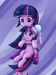 Size: 3600x4800 | Tagged: safe, alternate version, artist:megagibs, imported from derpibooru, twilight sparkle, alicorn, human, pony, equestria girls, cute, holding a pony, human ponidox, looking at each other, looking at someone, self paradox, self ponidox, smiling, twiabetes, twilight sparkle (alicorn)