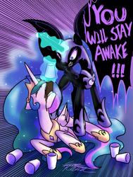 Size: 2531x3341 | Tagged: safe, artist:midnameowfries, imported from derpibooru, nightmare moon, princess celestia, chugging, coffee, concave belly, don't go to bed, drink, drinking, female, food, force feeding, glowing, glowing horn, hammerspace belly, horn, magic, mare, slender, stuffing, telekinesis, thin