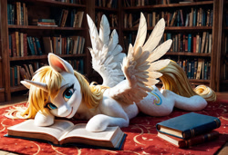 Size: 3094x2117 | Tagged: safe, imported from twibooru, oc, oc only, oc:swift songster, alicorn, pony, ai content, ai generated, alicorn oc, book, bookshelf, carpet, embarrassed, female, generator:pony realism 2.2, horn, image, indoors, looking at you, lying down, lying on the floor, needs more jpeg, reading, smiling, smiling at you, solo, solo female, spread wings, wings