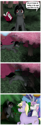 Size: 590x1798 | Tagged: safe, artist:zeronitroman, imported from derpibooru, dinky hooves, sweetie belle, oc, oc:ebony darkness, book, comic, commission, dialogue, orchard, shadow, shadow jumping, shocked, teleportation