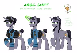 Size: 1930x1318 | Tagged: safe, artist:redxbacon, imported from derpibooru, oc, oc only, oc:argil shift, pony, unicorn, clothes, hair bun, hat, horn, police, police uniform, reference sheet, simple background, solo, uniform, white background