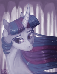 Size: 557x729 | Tagged: safe, artist:eugenchen, imported from derpibooru, twilight sparkle, pony, bust, cave, curved horn, ethereal mane, female, horn, mare, solo, stalactite, starry mane, windswept mane