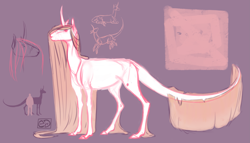 Size: 2981x1700 | Tagged: safe, artist:eugenchen, imported from derpibooru, oc, oc only, pony, unicorn, blank flank, concept art, curved horn, horn, leonine tail, long hair, long tail, reference sheet, size comparison, solo, tail, wip
