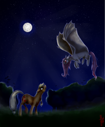 Size: 2400x2900 | Tagged: safe, artist:eugenchen, imported from derpibooru, applejack, fluttershy, bat pony, earth pony, pony, bat ponified, confrontation, duo, duo female, female, flutterbat, looking at each other, looking at someone, mare, missing accessory, moon, night, race swap, stars, tree