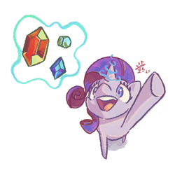 Size: 2600x2600 | Tagged: safe, artist:boxwari, imported from derpibooru, rarity, pony, unicorn, female, gem, glowing, glowing horn, high angle, high res, hoof in air, horn, levitation, looking up, magic, mare, open mouth, open smile, simple background, smiling, solo, telekinesis, underhoof, white background