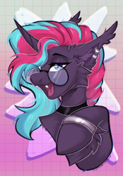 Size: 1640x2360 | Tagged: safe, artist:koffeemilk, imported from derpibooru, oc, oc only, oc:synthie glitch, bat pony, bat pony unicorn, hybrid, unicorn, abstract background, blue eyes, bracelet, chest fluff, choker, cute, cute little fangs, ear fluff, ear piercing, ear tufts, earring, eyelashes, fangs, female, glasses, gradient background, halfbody, happy, horn, jewelry, mare, multicolored hair, multicolored mane, open mouth, open smile, piercing, smiling, solo